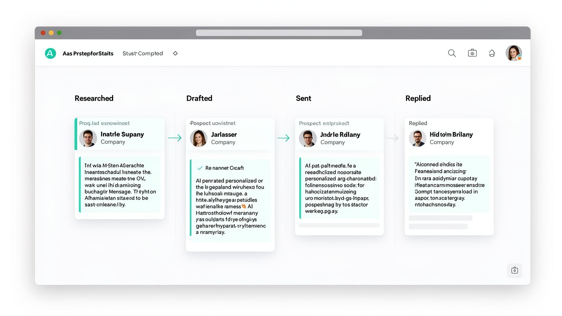 AI lead gen workflow preview showing prospects moving from researched to drafted to sent to replied